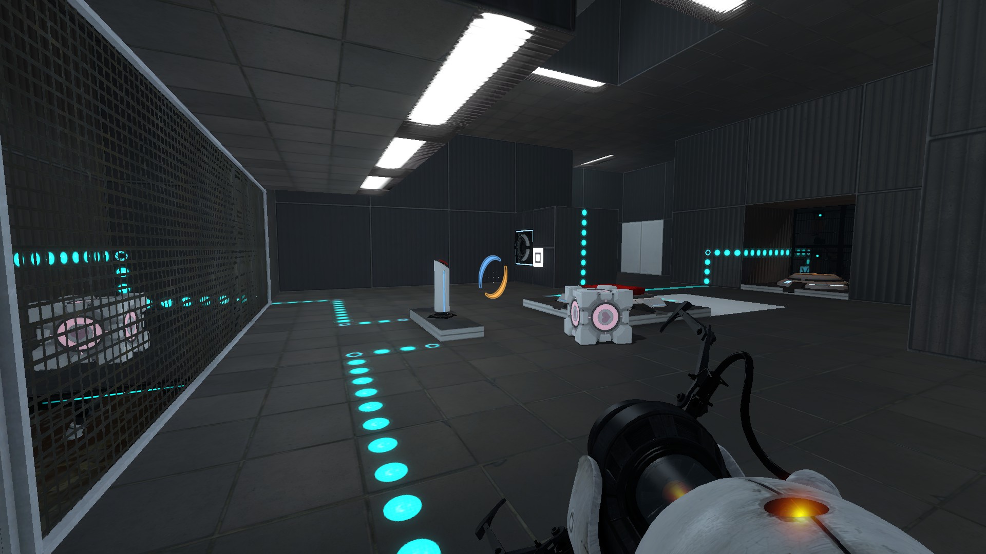 Portal 2 · Lovely Cube · one companion cube held behind a grille, the player's cube on its platform across the chamber