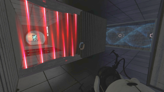 Portal 2 · Lovely Cube · the level exit behind a red laser field, and a production line of companion cubes dropping into the water