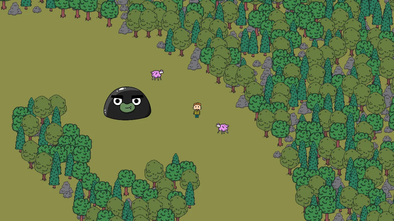 Monster Trainer · a top-down clearing ringed with trees, the player character beside a large black monster and two sheep