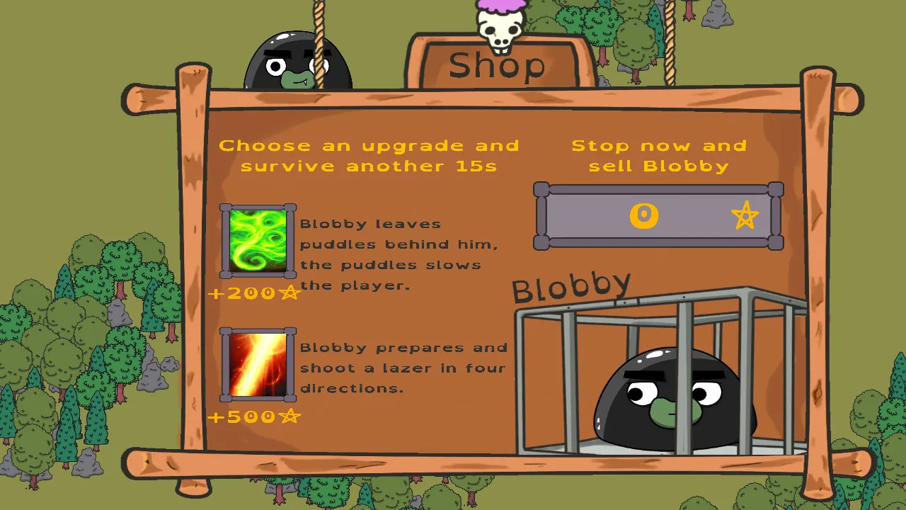 Monster Trainer · the upgrade shop, Blobby in a cage beside two upgrades priced in stars, each one making the run harder