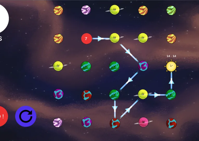 My Space Transmission · a grid of smiling planets on a starfield, linked by a chain of arrows