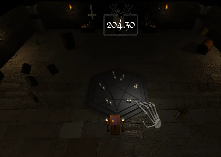 NecroMesser · a candlelit stone crypt with a pentagram on the floor, a skeleton beside it and a countdown above