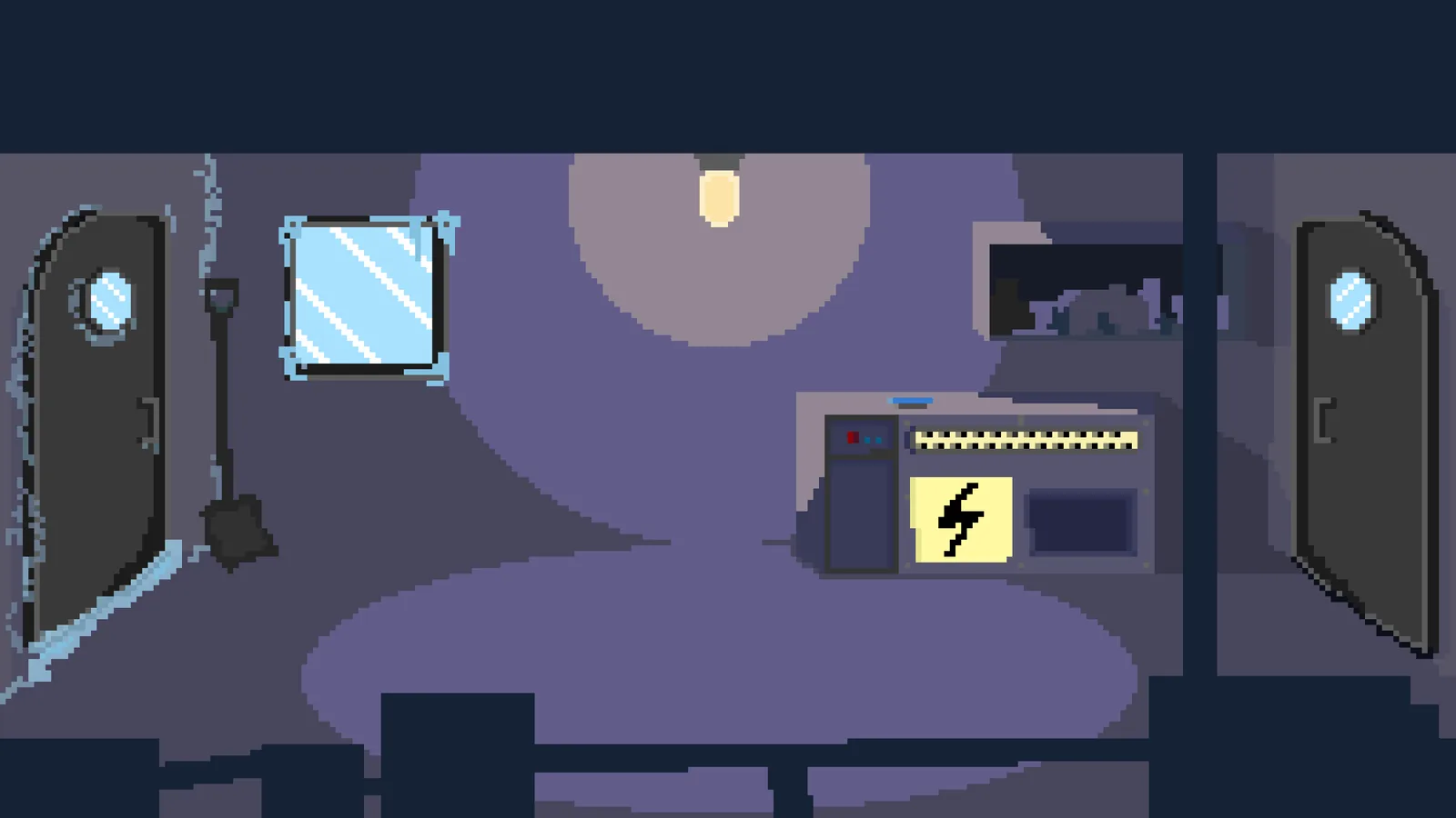 New Dawn · a dim utility room with a shovel, a mirror and an electrical panel