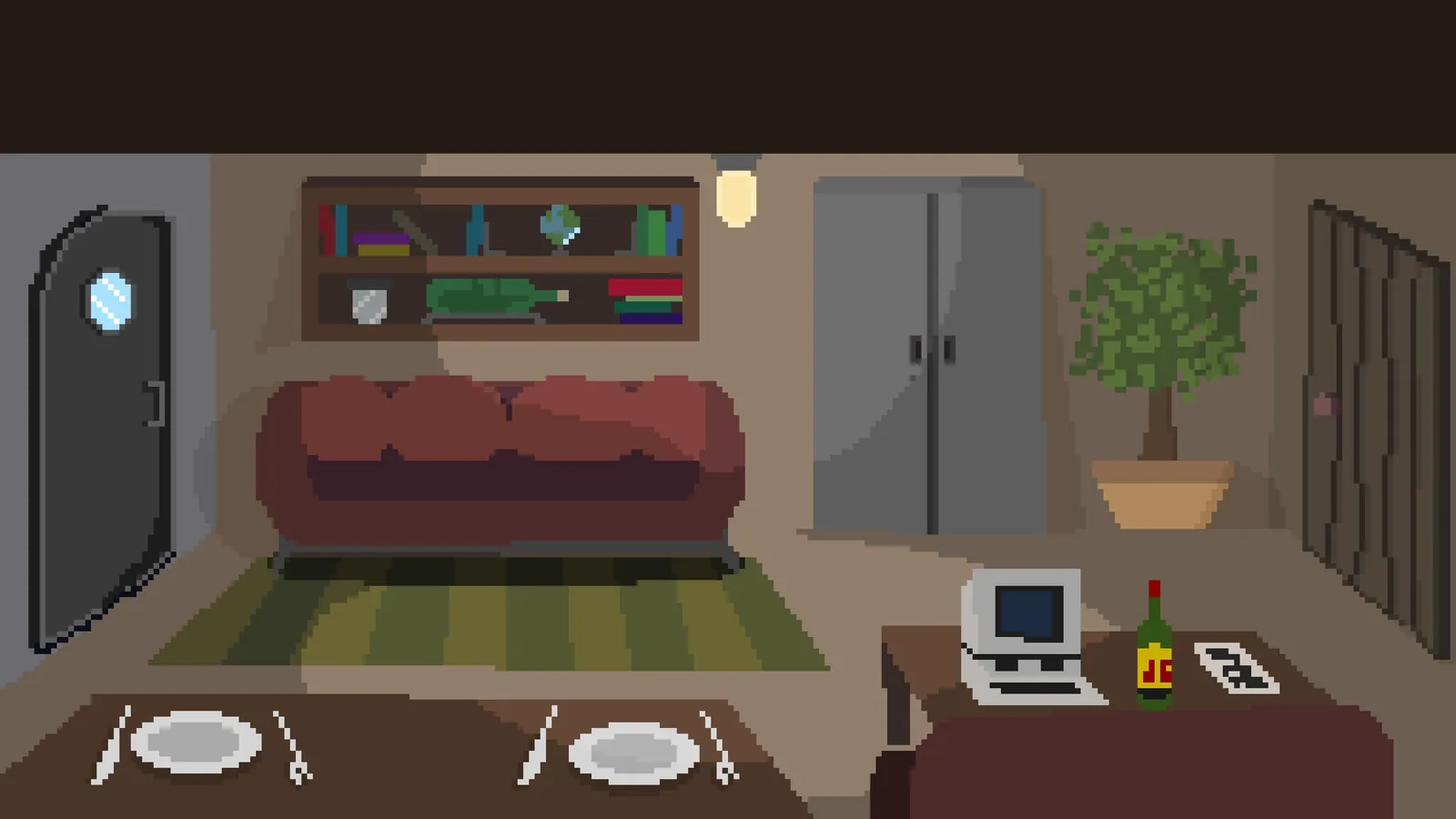 New Dawn · a lounge with a red sofa, a bookshelf and a table laid for two