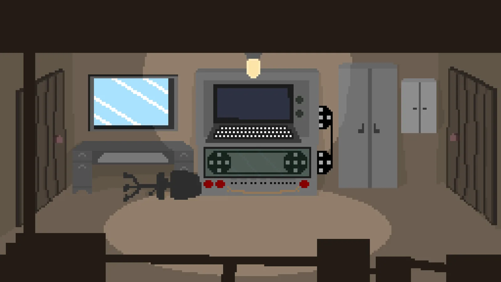 New Dawn · a control room with a console, a wall phone and an overturned chair