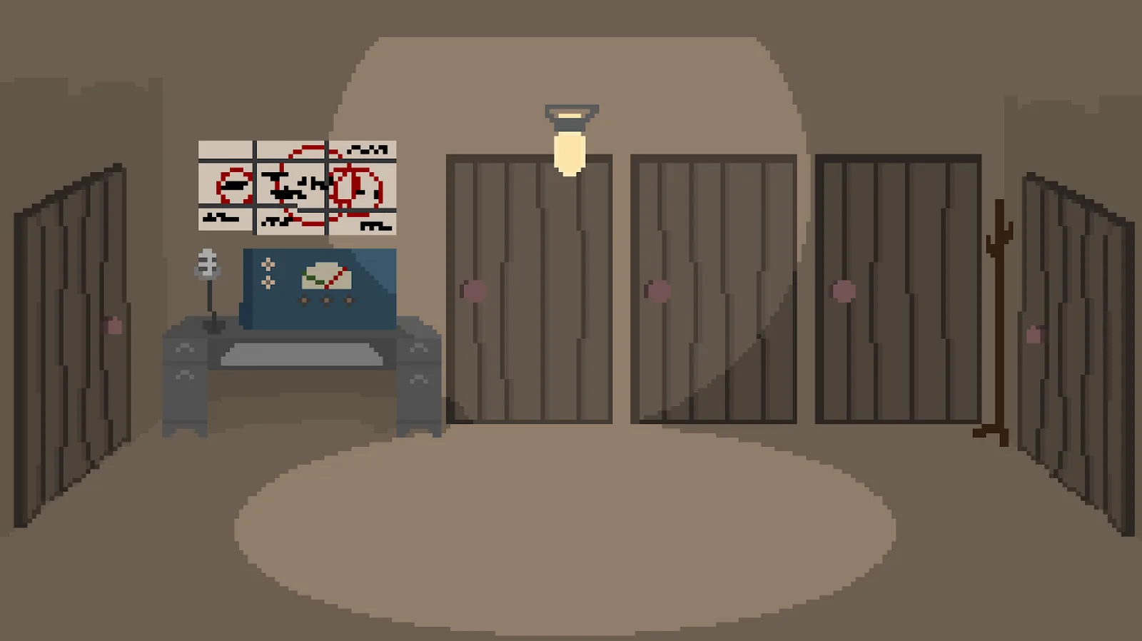 New Dawn · a corridor of closed doors with a desk and a notice board
