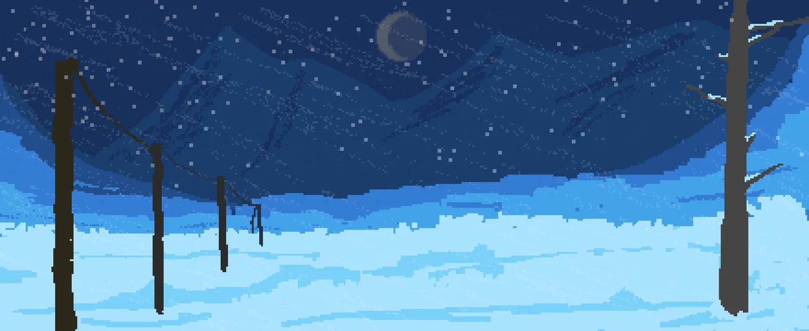 New Dawn · a moonlit snow field with bare trees under a mountain range