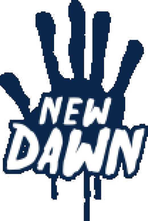 New Dawn · the logo, a dark blue handprint with the title dripping across it
