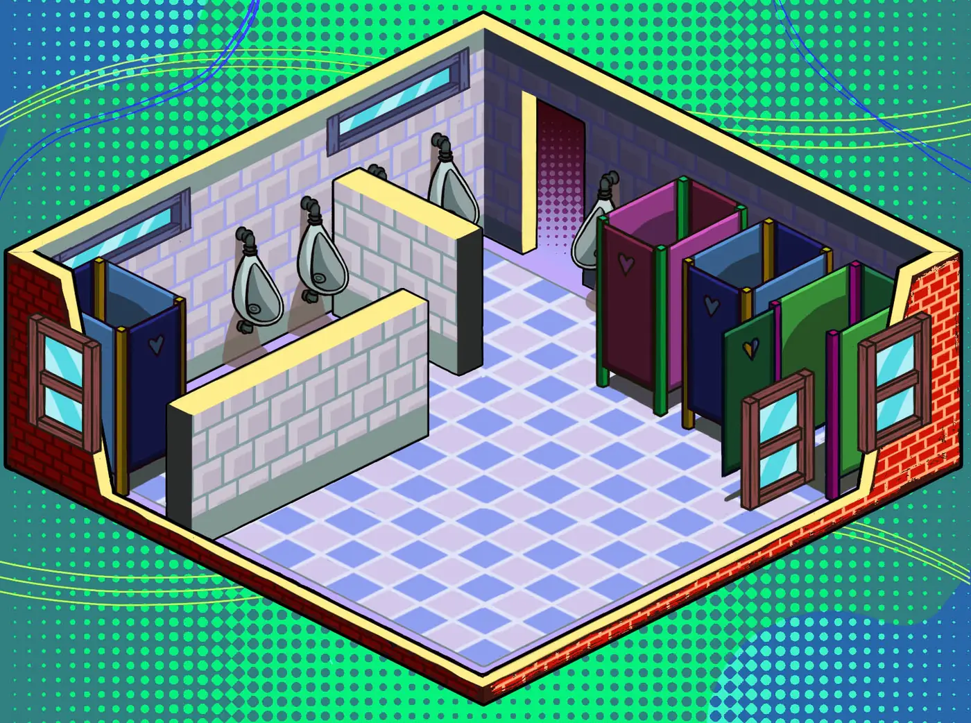 Public Toilet Simulator · a second restroom layout in the same isometric style