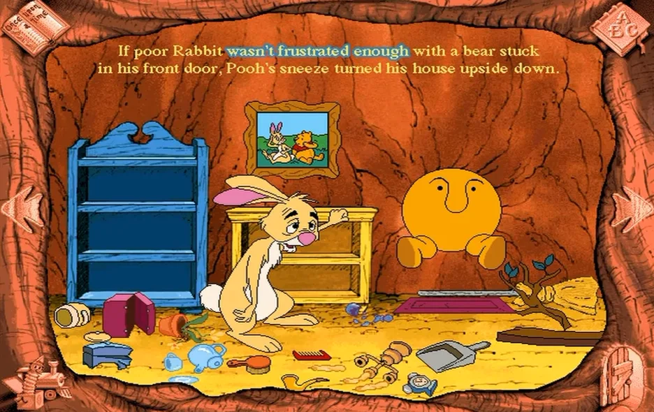 In-game screen: Rabbit stands in his burrow after Pooh's sneeze turned the place upside down